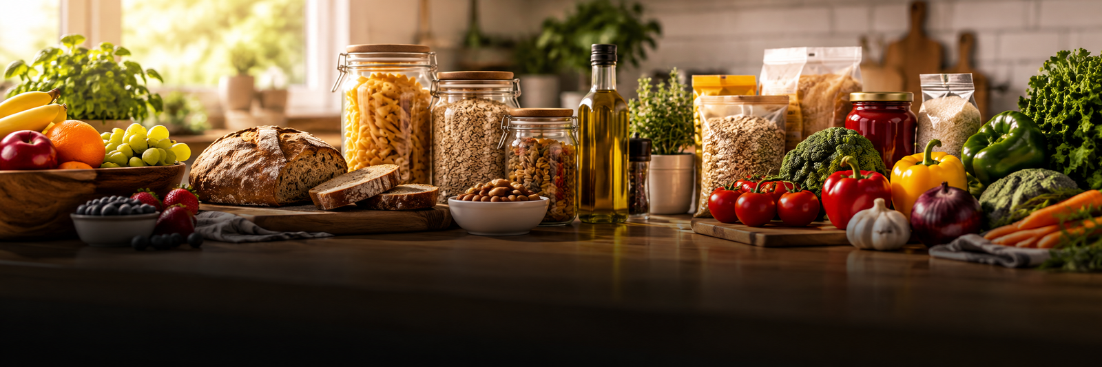 sunlit rustic kitchen grocery spread